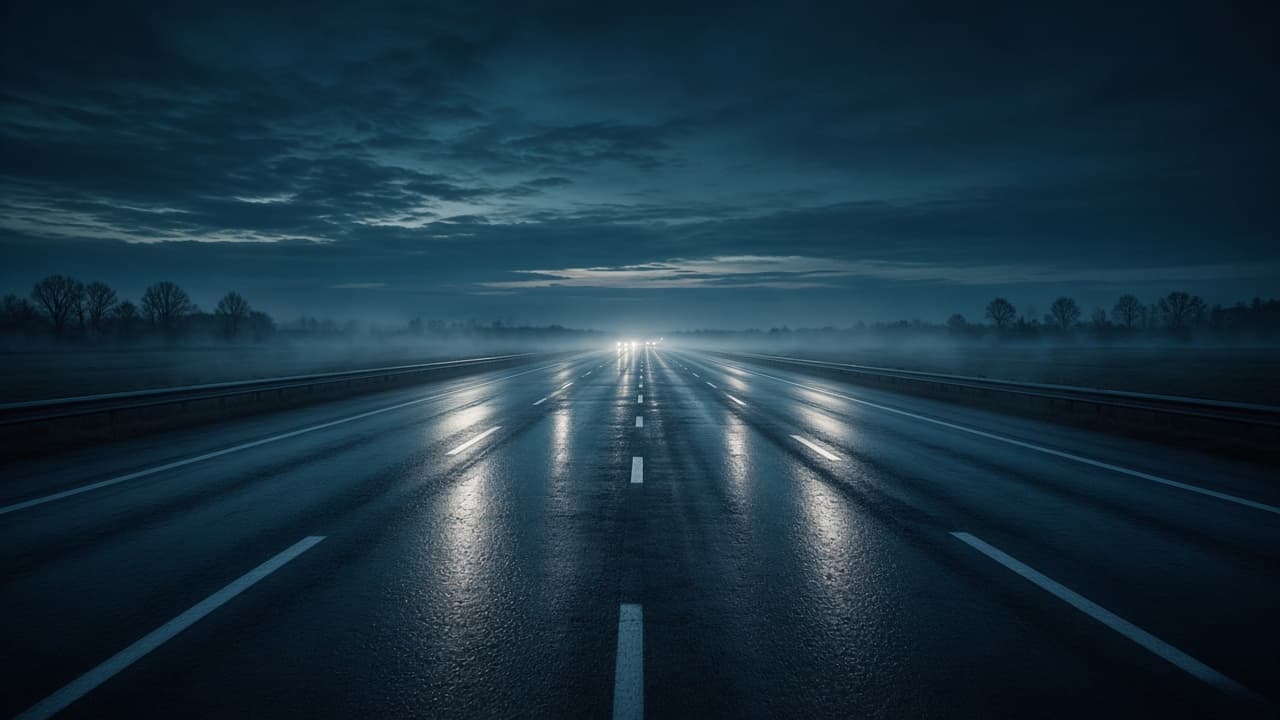 Nat asfalt naar Schiphol in het blauwe uur, koplampen in de mist