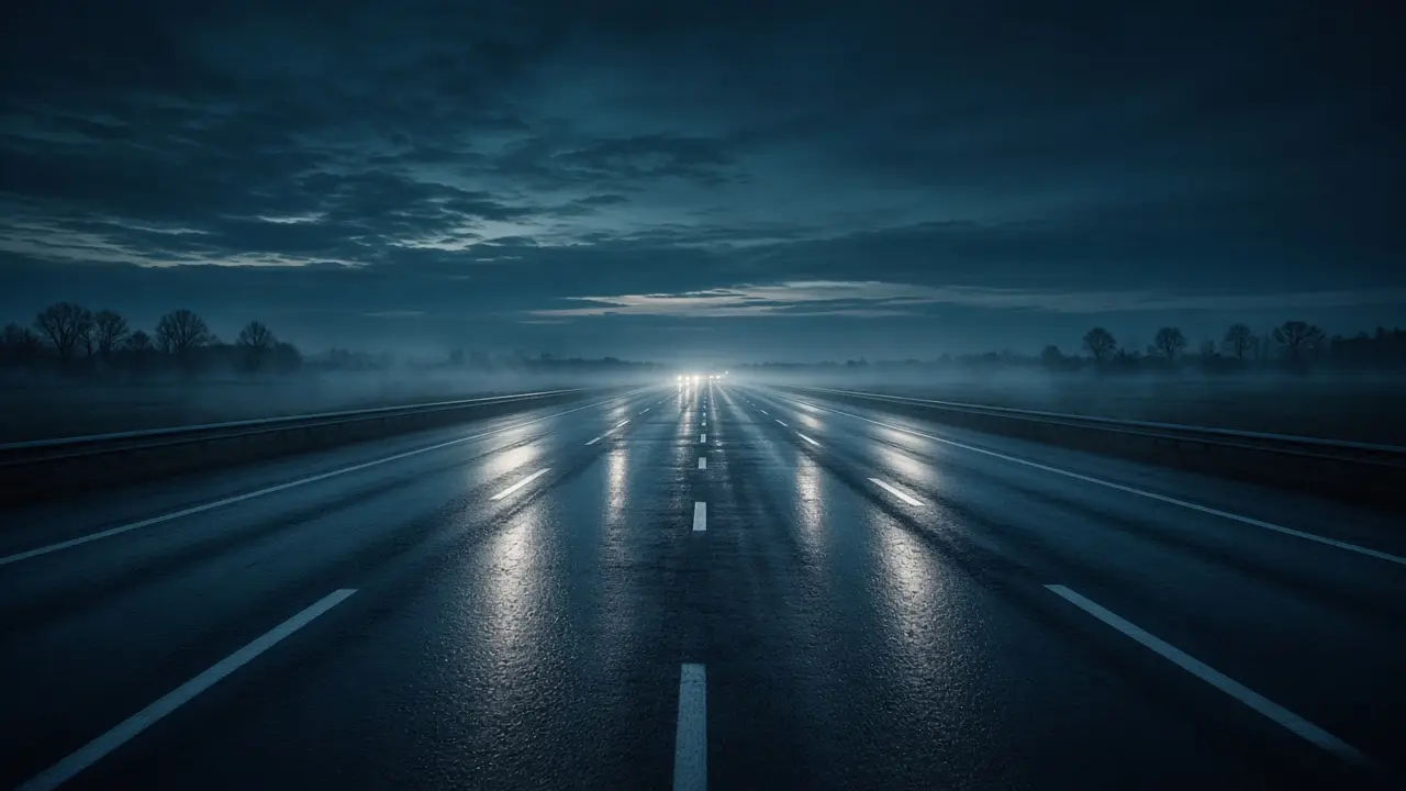 Wet asphalt road to Schiphol at blue hour, headlights in the mist
